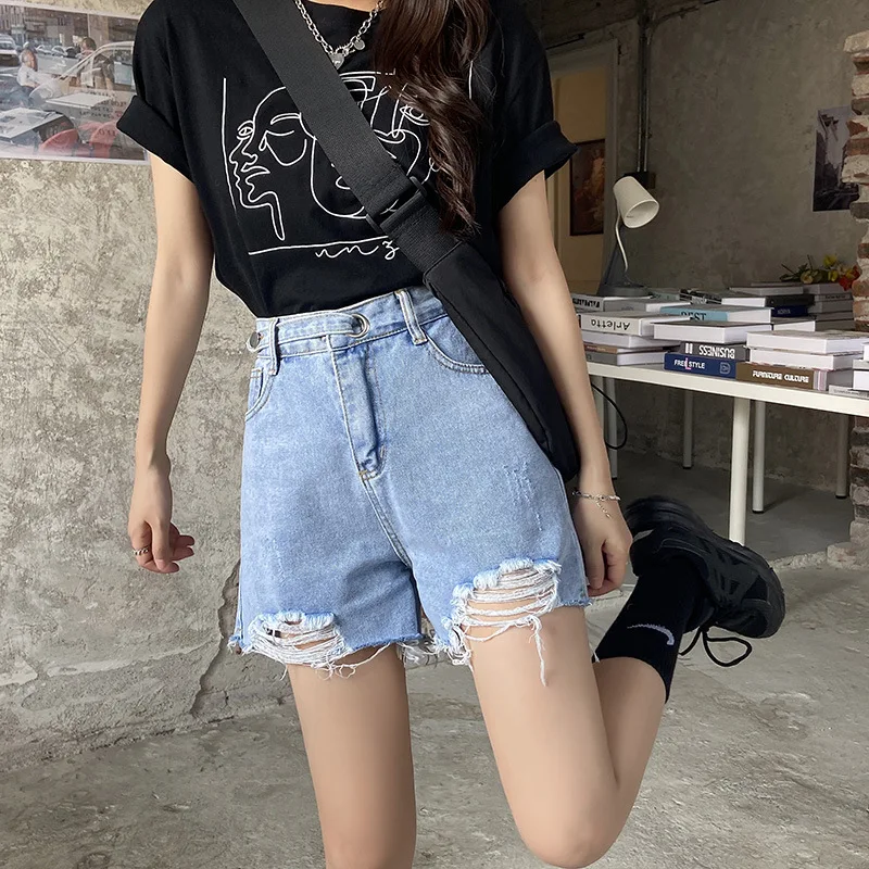 

Fashion Blue Ripped Shorts Korean Version Spring Summer 2021 New Design High Waist Wide Leg Jean Shorts Women Pants