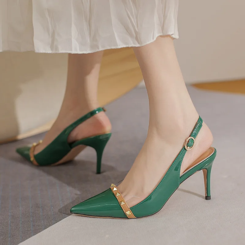 

2021 Luxury Women Green 6.5cm High Heels Rivets Pumps Stiletto Heels Female Scarpins Plus Size Wedding Bridal Prom Shoes