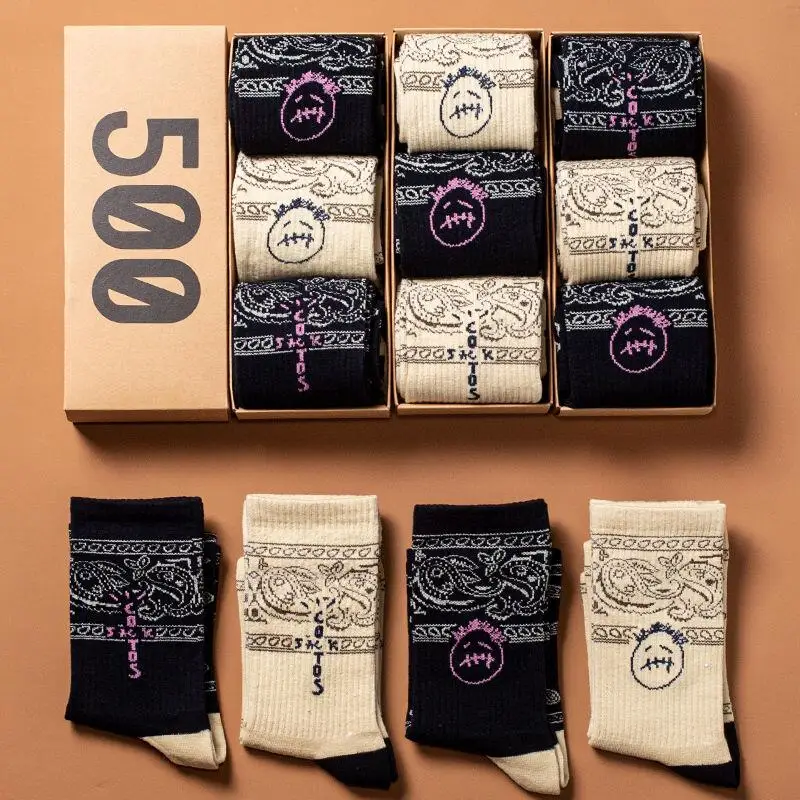 

3 pairs of 2021 novelty streetwear, hip-hop, men's printed skating socks, sports fun breathable cotton socks