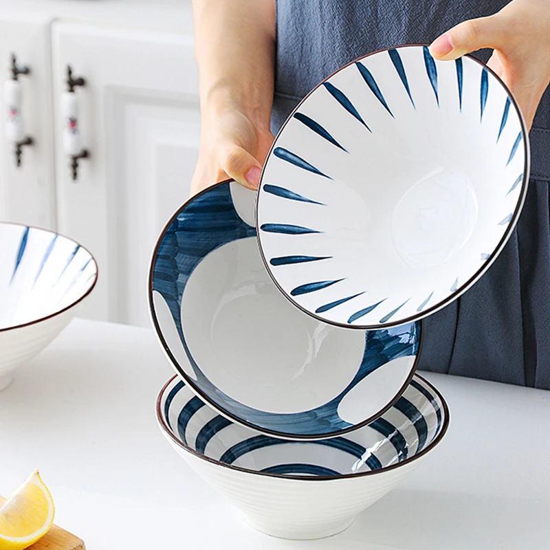 

7 Inch Artistic Blue and White Pattern Ceramic Tray Kitchen Utensils Porcelain Japanese Small Dish Ramen Noodle Bowl