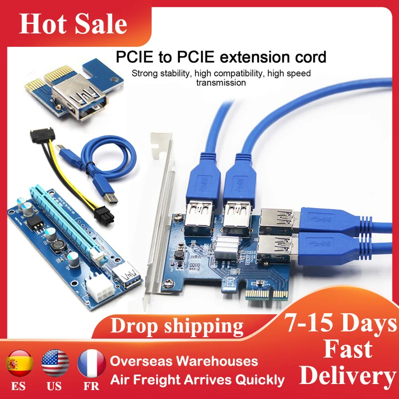 

Professional Mining PCI-E To USB Riser Card 1to 4 Adapter 4-Port PCIE Riser Extender Board Multiplier Card For BTC Bitcoin Miner