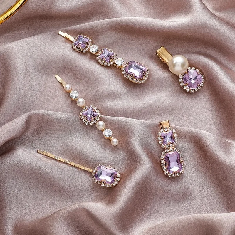 

New Korea Sweet Purple Rhinestone Pearl Hairpin Barrettes Hairpin Hair Accessories for Fashion Women Lady Jewelry Hair Clips