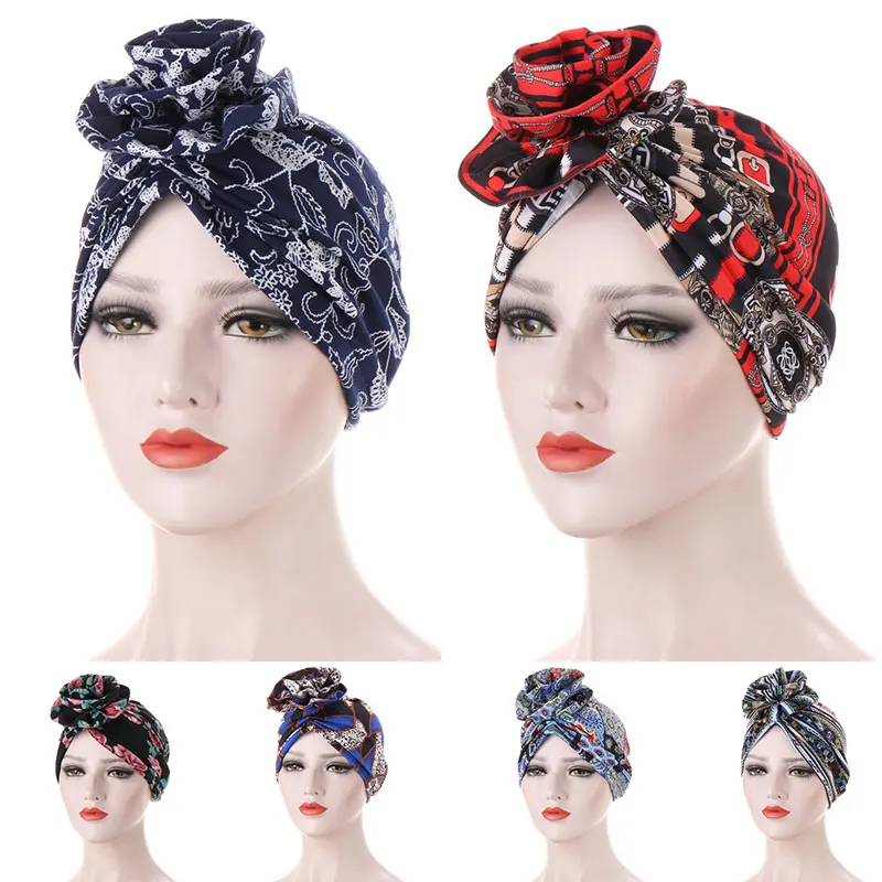 

Women's Braid Turban Caps Flower Printed Cotton Headscarf Bonnet Forehead Cross African Hat Ready To Wear Muslim Hijabs