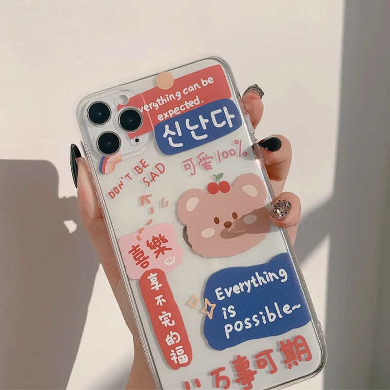 

Cute Cartoon Label Letter rabbit Bear Korean Phone Case For iPhone 12 11 Pro Max X Xs Max Xr 7 8 Puls SE Soft silicone fundas