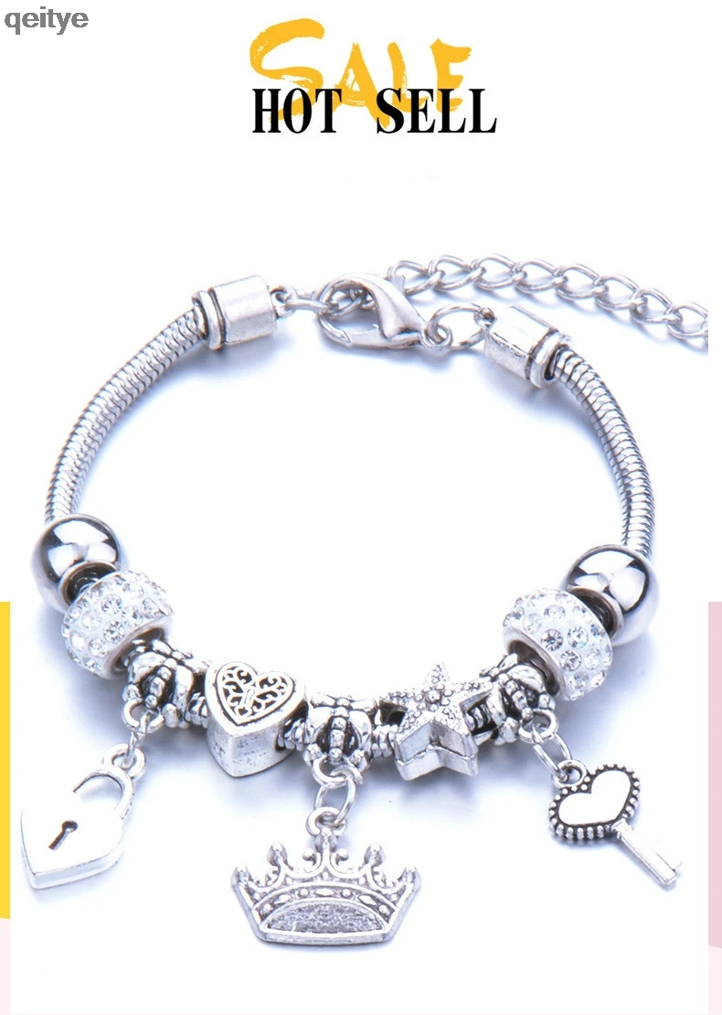 

The latest fashion trend in 2021 zinc alloy beaded crown, large diameter rhinestone lobster clasp pendant bracelet Pandora-style