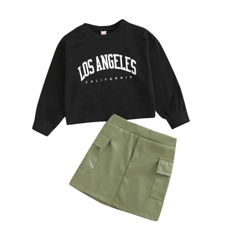 

Комплект одежды для девочек из 2 предметов, хлопковый свитшот с длинным рукавом и круглым вырезом, укороченный топ и юбка из искусственной к...