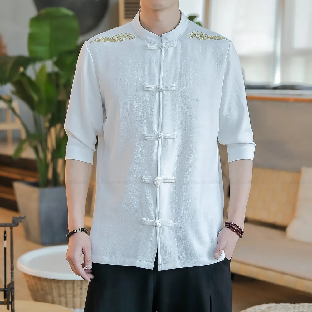 

Men Chinese Style Tang Suit Qipao Tops Kung Fu Loose Blouse Kimono Tee Shirts Cotton Linen Embroidery T-Shirt Oriental Clothing