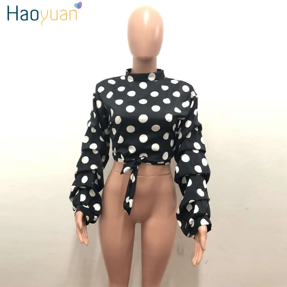 HAOYUAN, Женские топы и блузки в горошек, туника размера плюс, одежда с бантом, длинные рукава, сексуальные рубашки, Осенние повседневные блузки, женские топы - Цвет: Черный