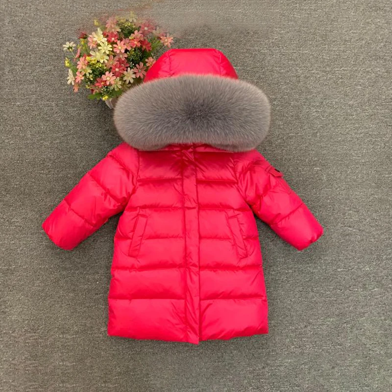 Gray Fox Rose Пальто с меховым капюшоном для девочек, Россия-30 зимняя теплая пуховая куртка детское длинное пальто для маленьких мальчиков ветрозащитная детская одежда Зимний комбинезон - Цвет: Gray Fox Rose