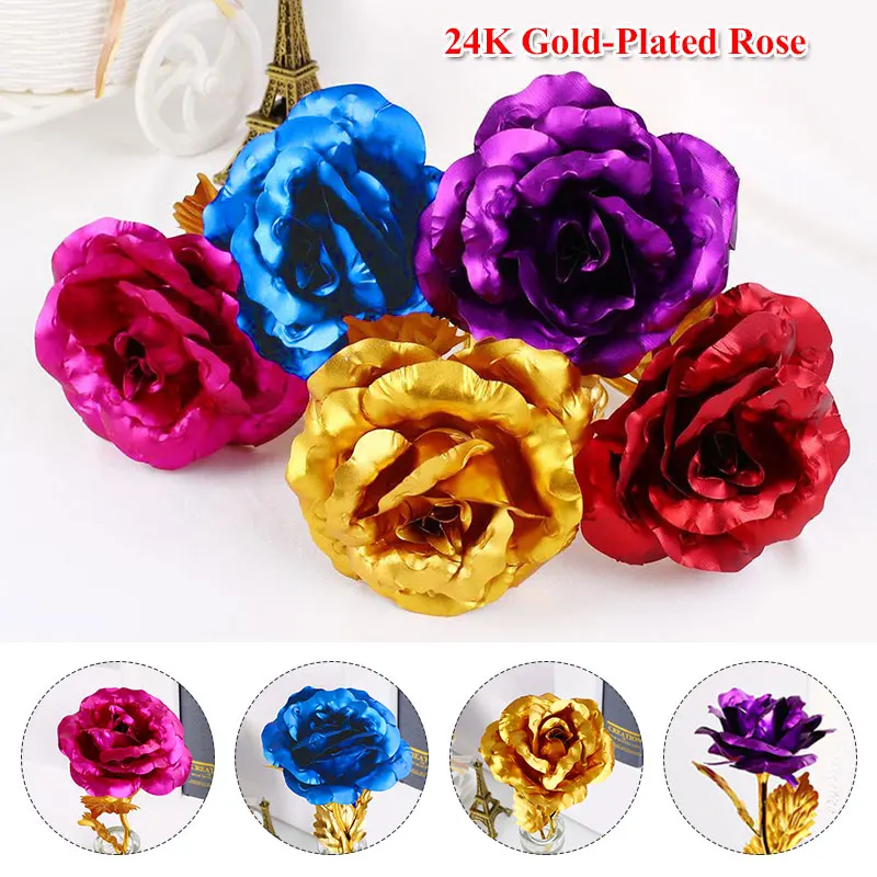 Золотая фольга Искусственный цветок розы без коробки 24K золотой фиолетовый