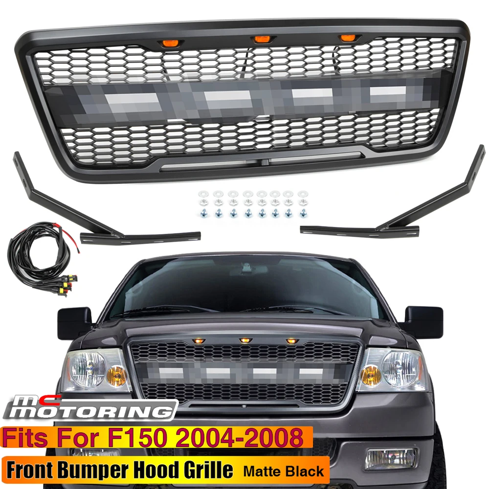 Black ABS Front Bumper Grille Raptor Style Grill with Amber LED Lights and Letters for Ford F150 2004-2008 images - 6