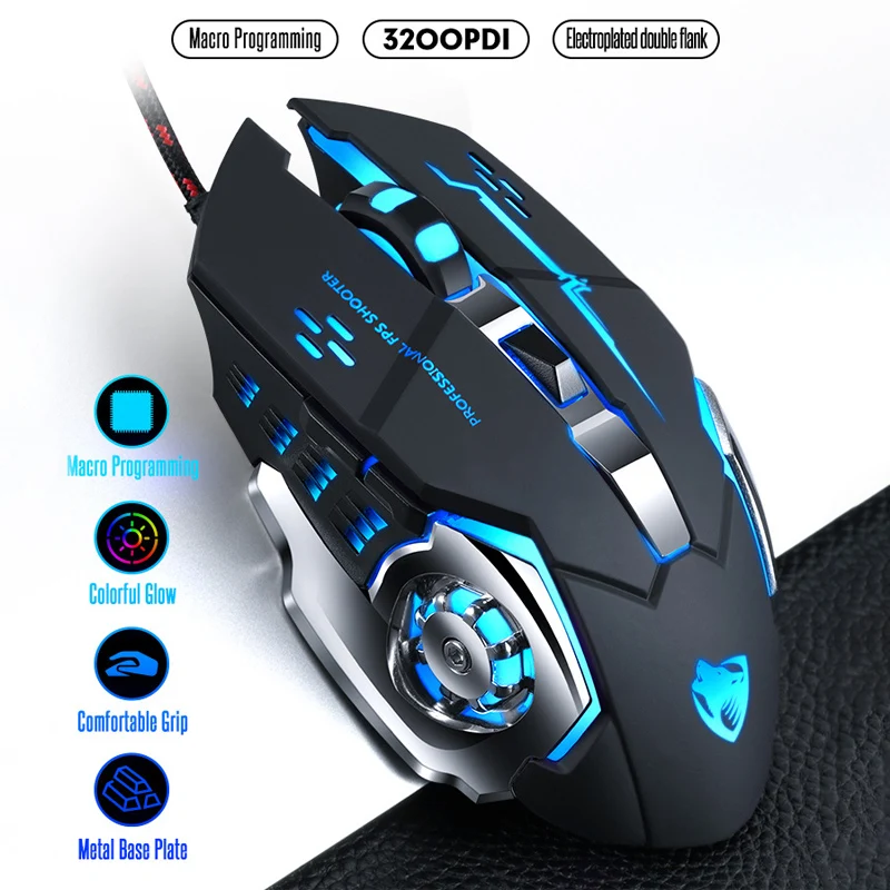 Игровая мышь Pro Gamer, 8D, 3200 dpi, регулируемая Проводная оптическая светодиодный мышь для компьютера, USB кабель, бесшумная мышь для геймера, мышь для ноутбука, ПК