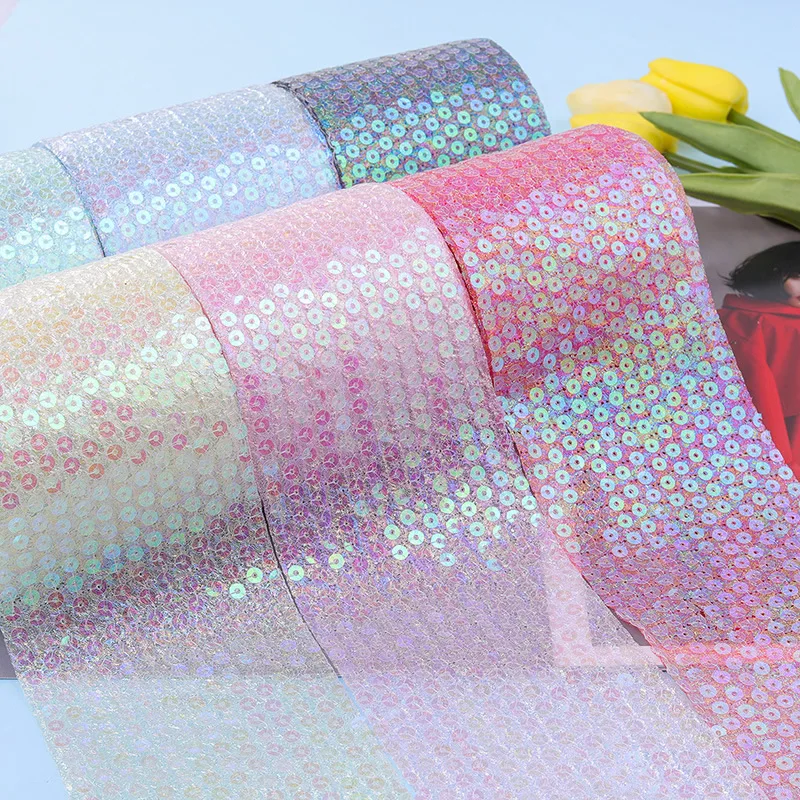 

10yards 75mm Seersucker Coloful Sequin Embroidery Organza Ribbon DIY Craft Headdress Bow Material Gift Wrapping Party Decoration