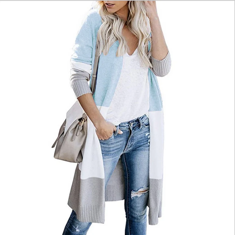 

Office Ladies Fashion Clothing Autumn Winter Thick Sweater Outerwear Three Color Stripe Spliced Long Knitted Cardigan Streetwear