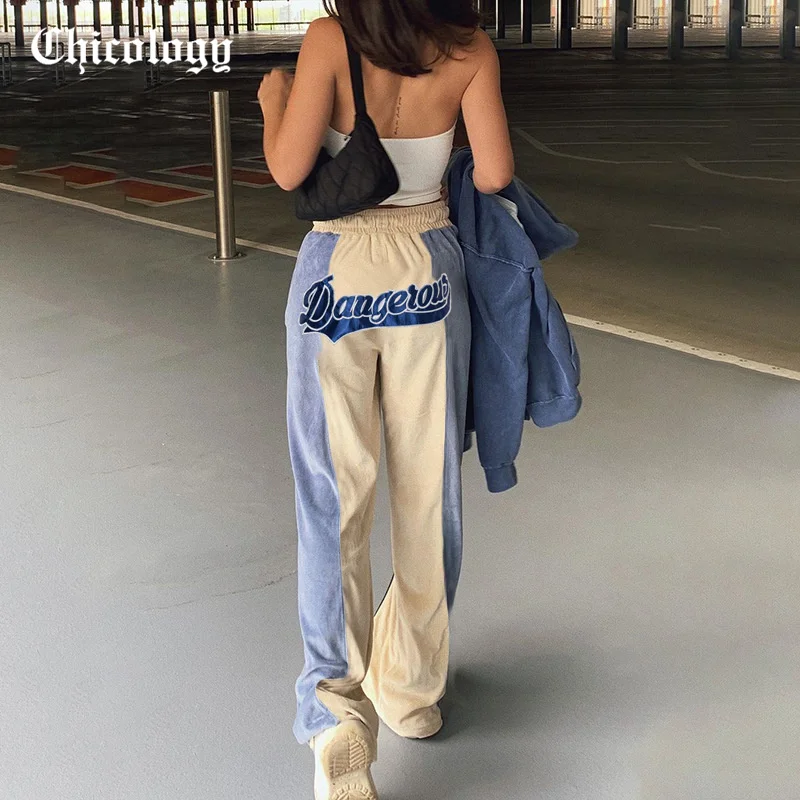 

Chicology 2021 женские осенне-зимние обтягивающие повседневные свободные брюки на шнуровке с вышитыми буквами и принтом сзади