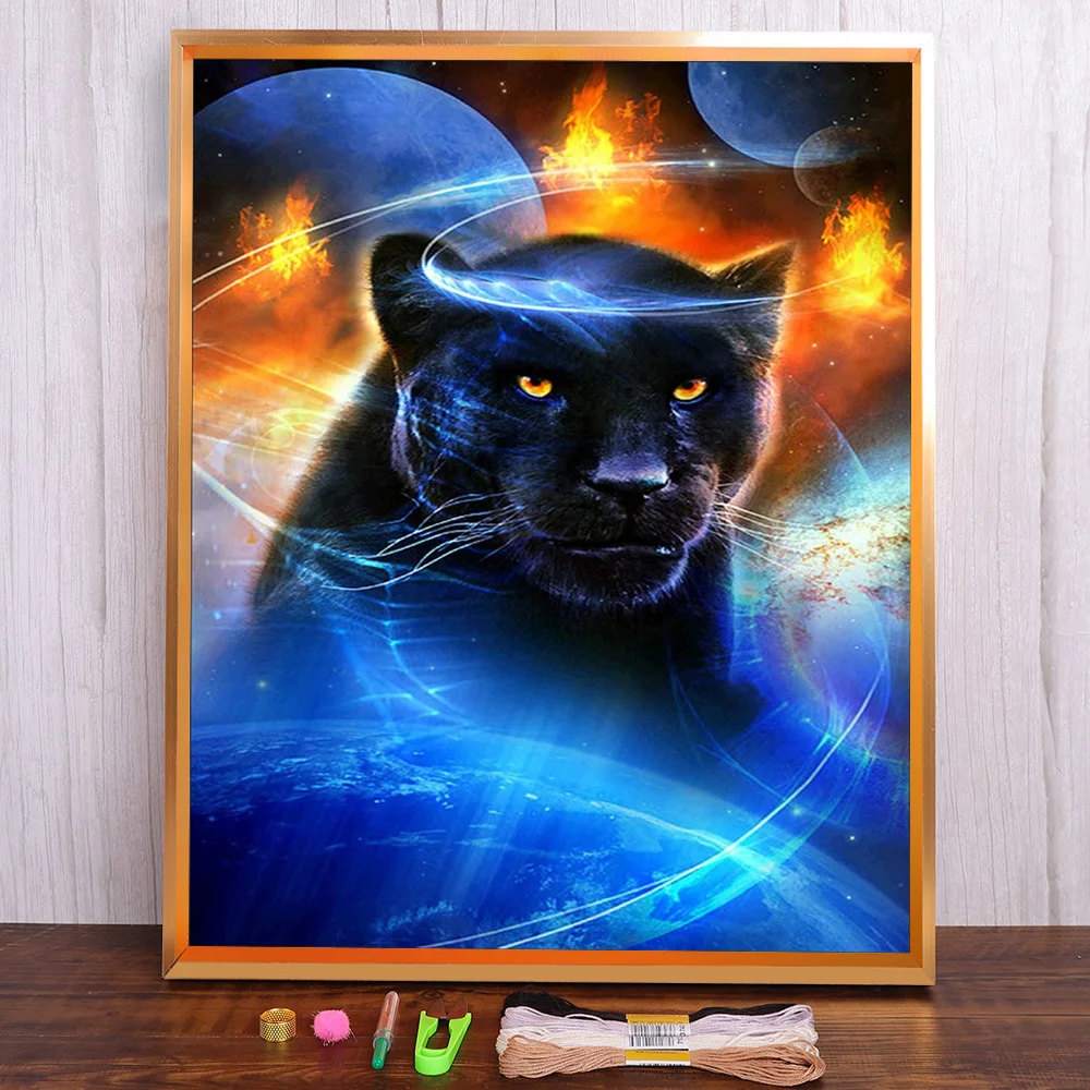 

Animal Black Panther Printed Water-Soluble Canvas 11CT Cross Stitch Kit DIY Embroidery DMC Threads Needlework Decor