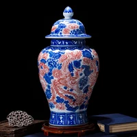Jingdezhen porcelain antique jar blue and white glaze red general tank Qing Dynasty Qianlong blue and white glaze red phoenix
