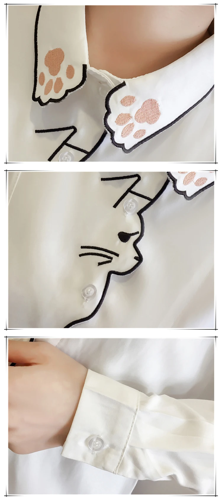 

Femininas Down Cat Women Blouse Shirts Embroidery Pattern White Shirts Female Tops Long Sleeve Women Shirts Female Blusas 660H