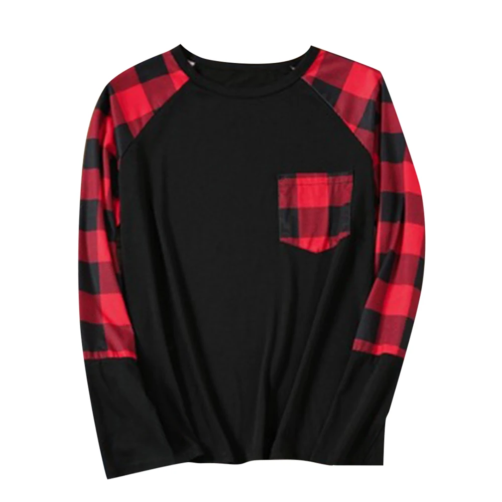 

Women Plaid Patchwork Long Sleeve T-Shirt Crew Neck Loose Casual Pocket Tee Tops Ladies Plaid Pullover Crew Neck Shirt Clothes