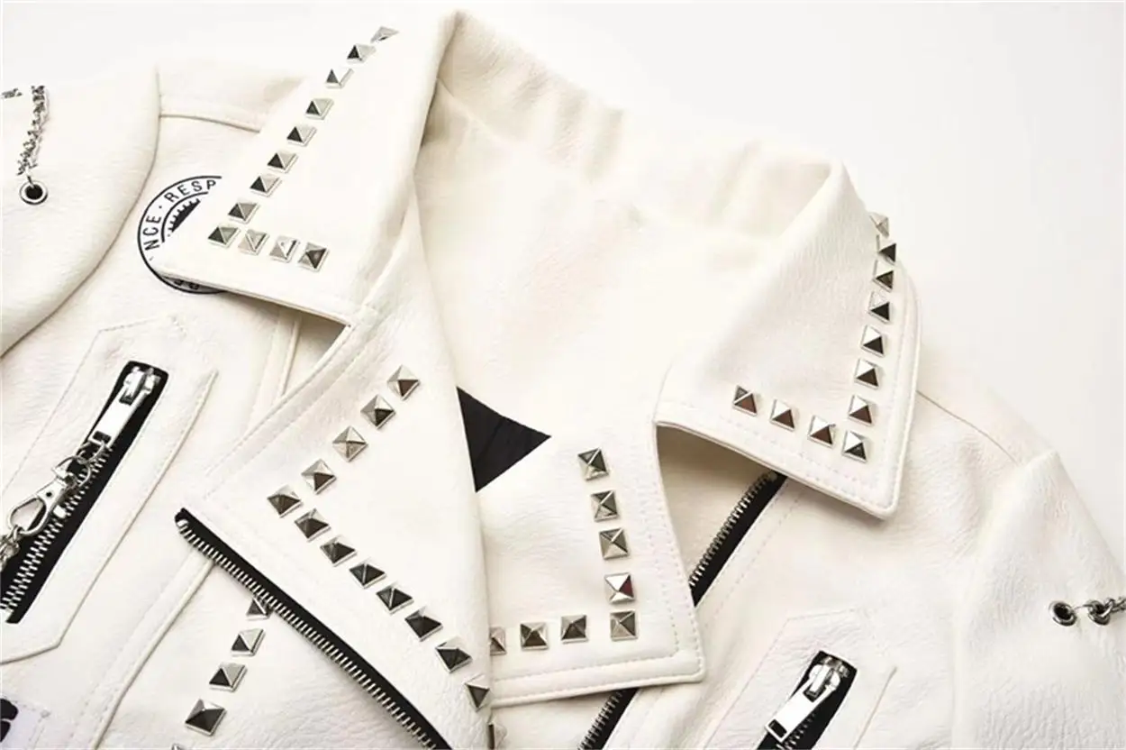 Women's fashion short leather jacket short white rivet jacket pu women jacket