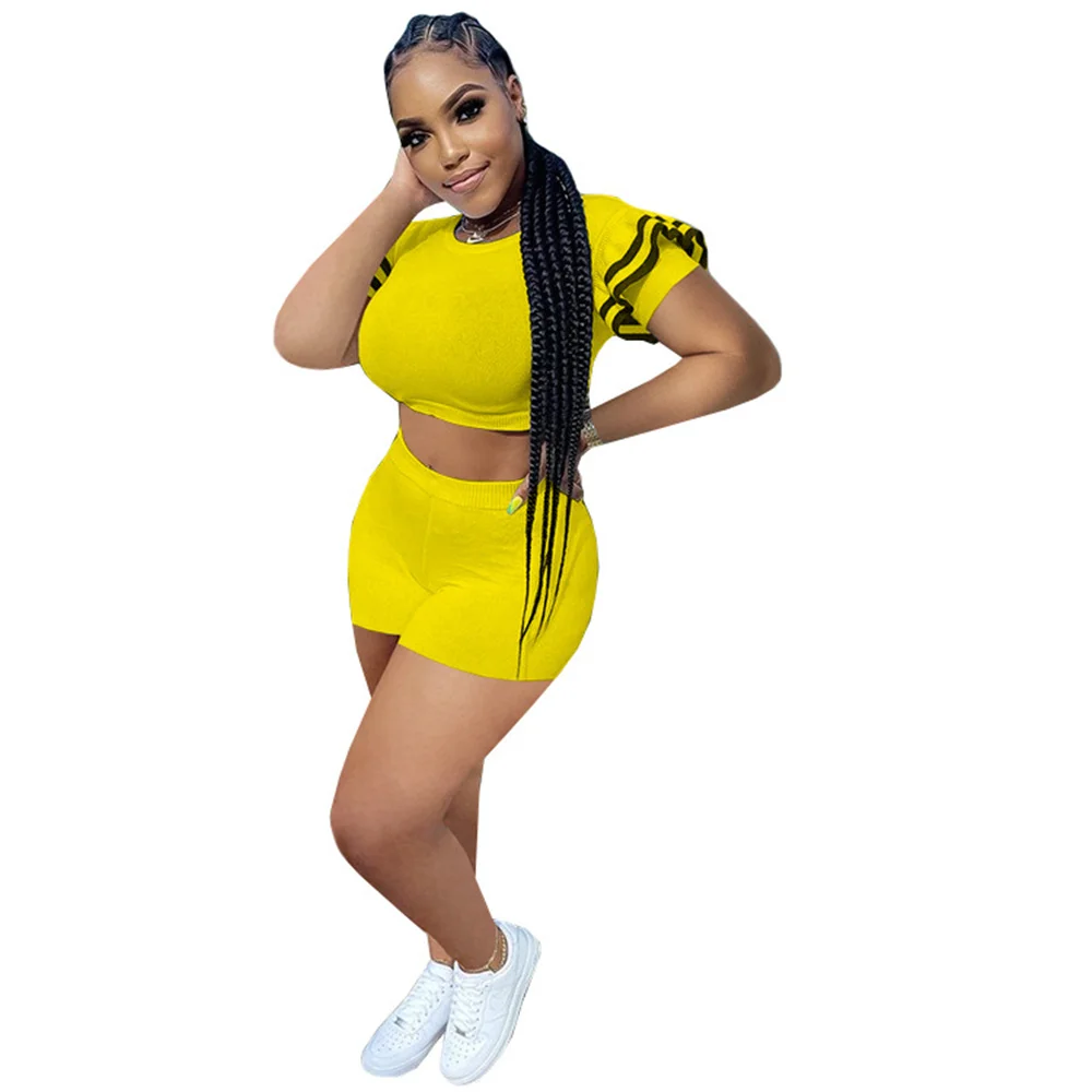 

SSEURAT Women Set Solid Short Flare Sleeve Cropt Tops Strechy Shorts Two 2 Piece Sets Casual Outfits Summer