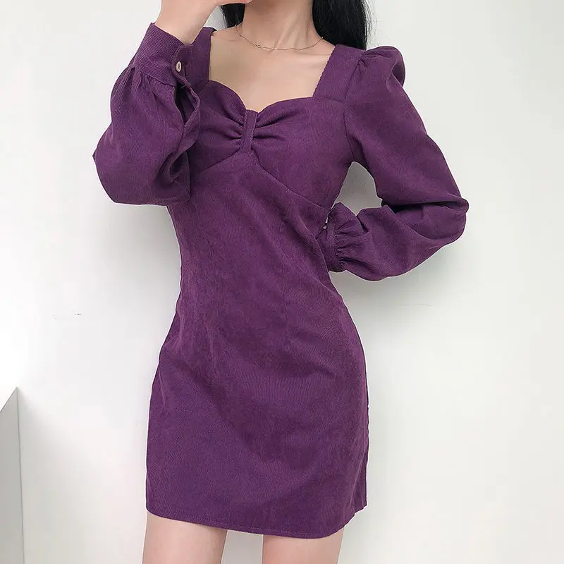 

Dress Women Vintage French Style Stylish Retro Purple Sexy Mini Holiday Party Ladies Slim Trendy Femme Cothing