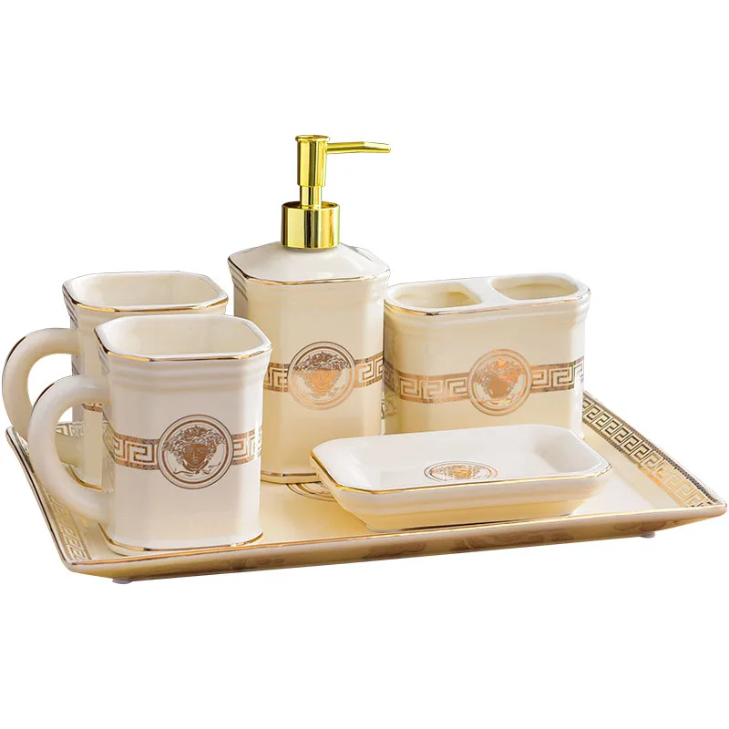Bathroom Accessories Set Ceramic Tooth brush Holder Soap Dish Dispenser Gargle Cup Dew Container 5pcs per set | Обустройство дома