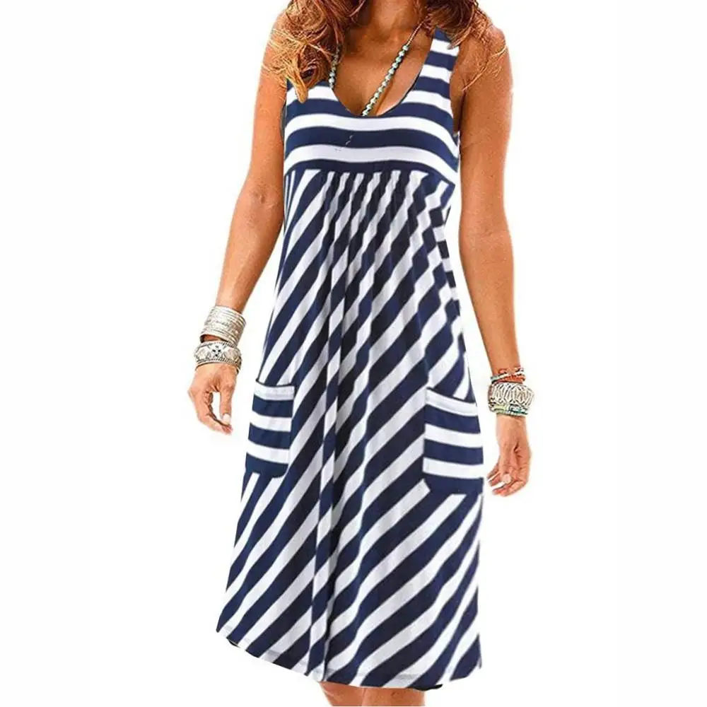 

Fashion striped dress large size summer dress loose simple sleeveless dress women's clothing