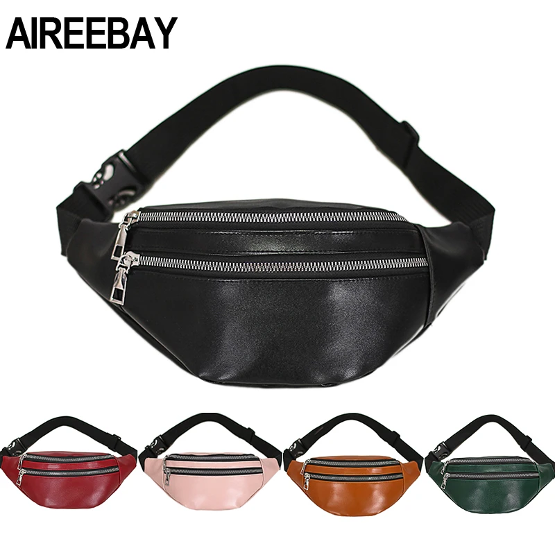 

AIREEBAY Leather Waist bag For Women New Design Fashion Black Fanny Pack Waterproof 3-Zipper Girls Bum Bag Travel Phone Pouch