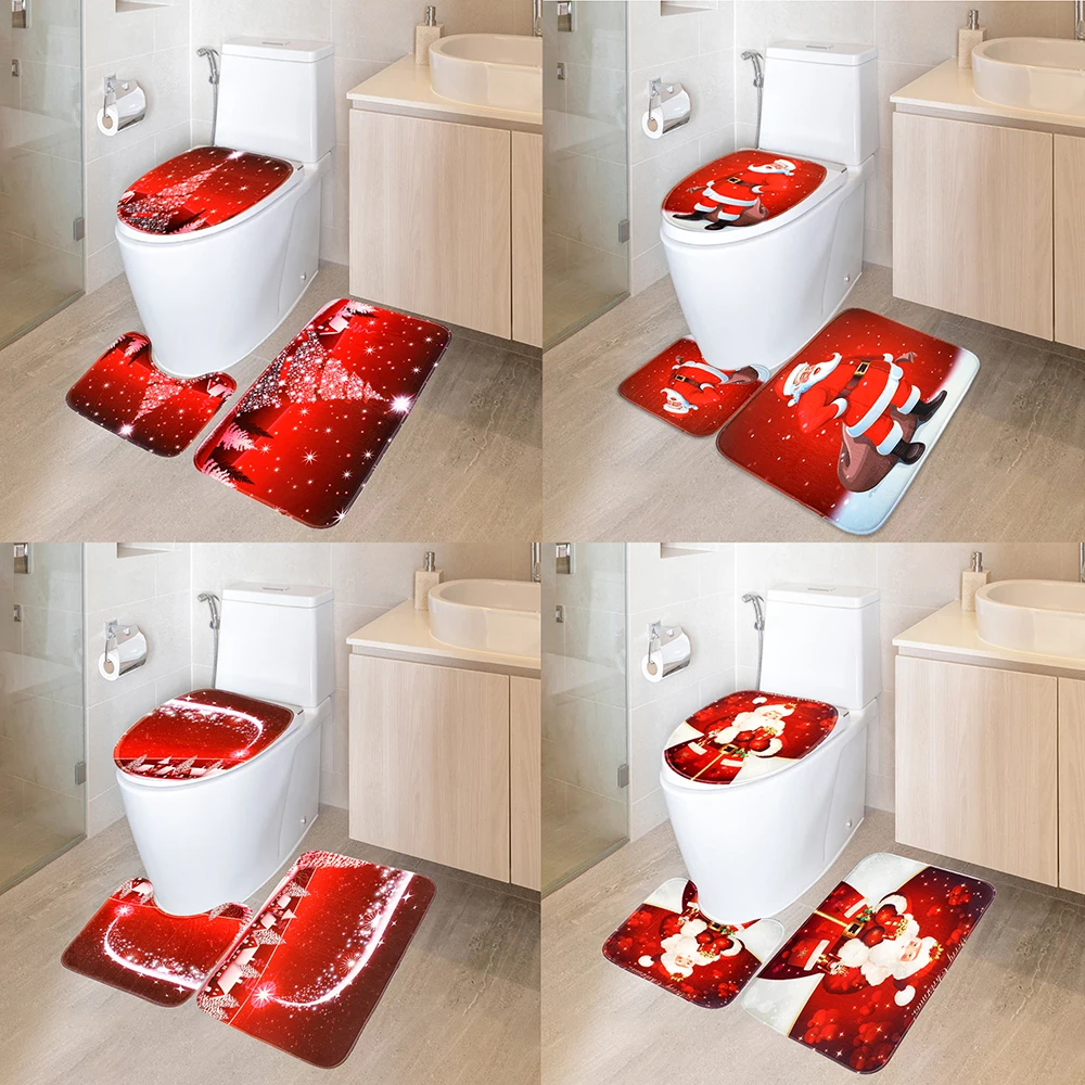 

Santa Claus Toilet Cover Bathroom Set Non-slip Bathmat Home Supplies Christmas Decorations for Home 3Pcs/Set Bathroom Toilet Mat