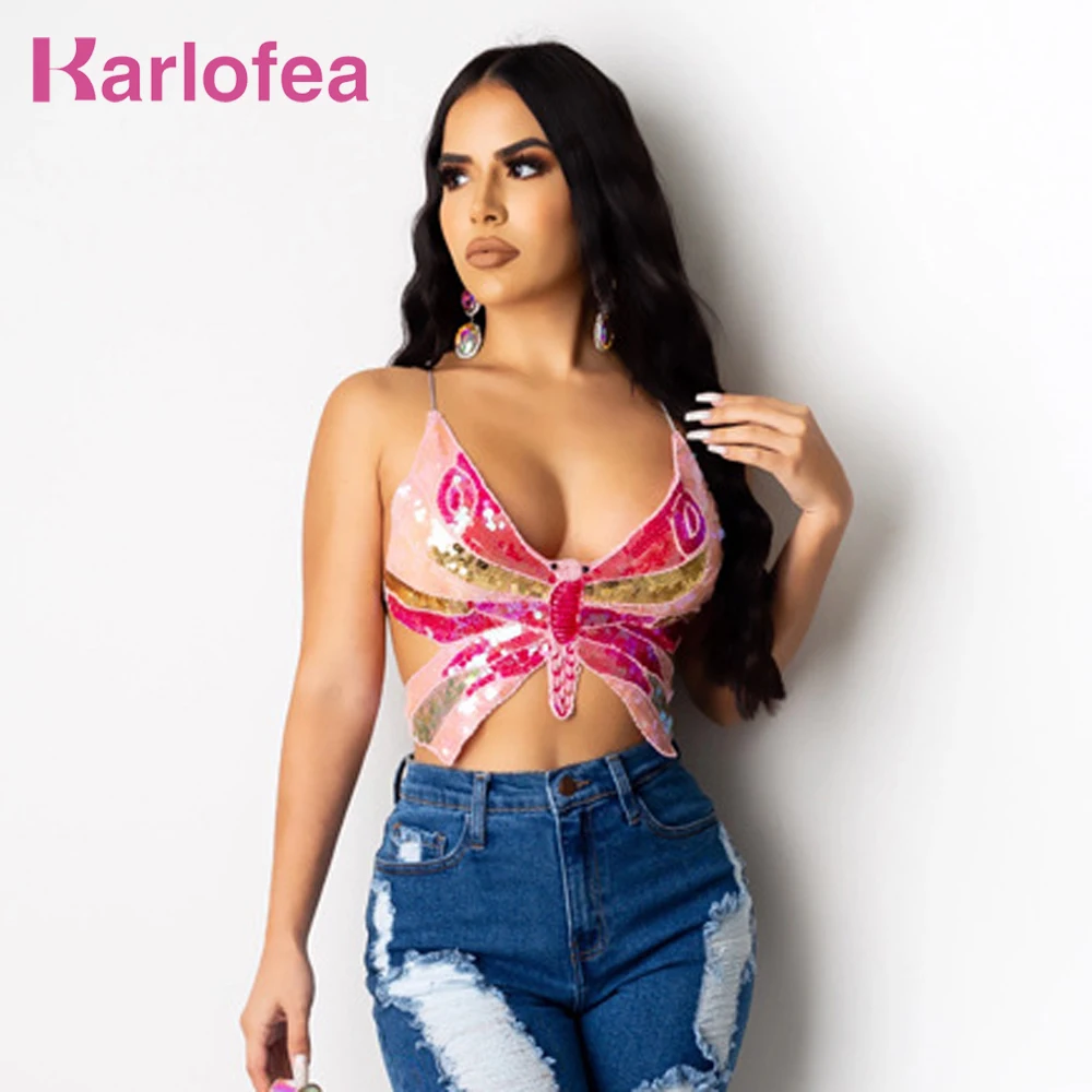 

Karlofea женский сексуальный топ с открытой спиной и перекрещивающимися бретелями, шикарные Клубные вечерние костюмы с бабочками и блестками, ...