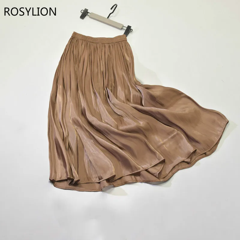 

Brown Pleated Girls Skirts Colorful Luxury Office Vintage Elastic Waist Pearl Shiny Silky Long Metallic Skirt Womens Elegant Hot