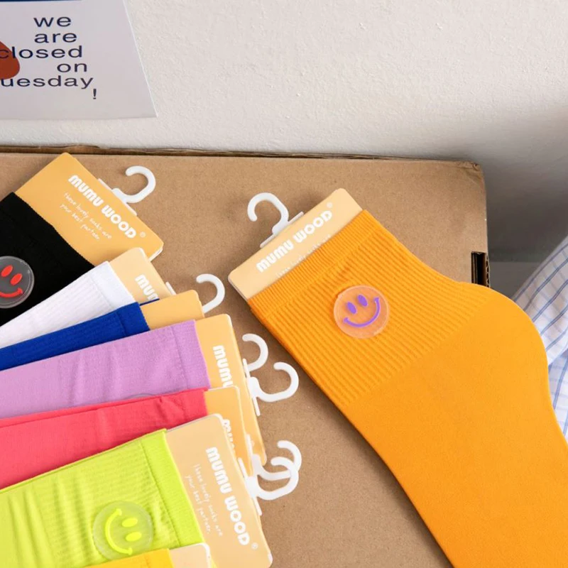 

5 Pairs Set Women Socks Korean Fashion Rainbow Solid Color Happy Fun Cute Smiling Face Decoration Thin Cool Summer Street Sports
