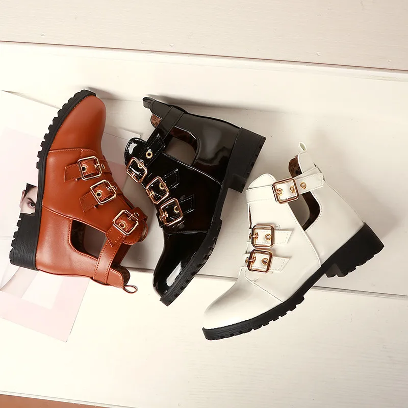 

YMECHIC Autumn 2019 Black White Brown Chunky Low Heel Buckle Strap Ankle Motorcycle Boots Female Footwear Woman Shoes Big Size
