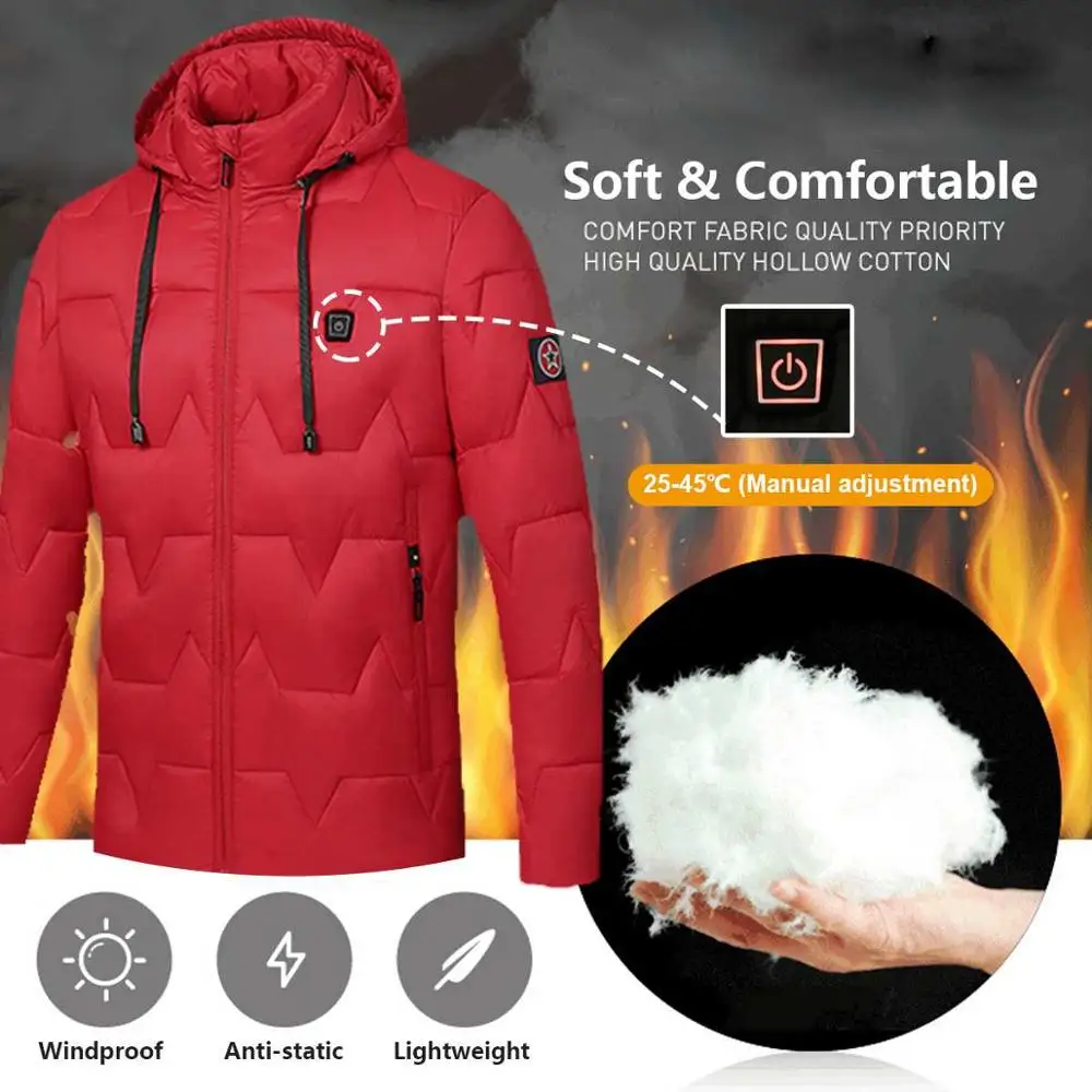 Men USB Electric Heated Coat Jacket 8 Hours Heating Hooded Jacket Long Sleeves Winter Warm Clothing Thermostat Hooded Waterproof