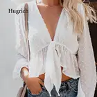 Женская прозрачная белая рубашка, пуловер в горошек с глубоким V-образным вырезом, съемный бант, оборки, короткий топ с рукавами-фонариками