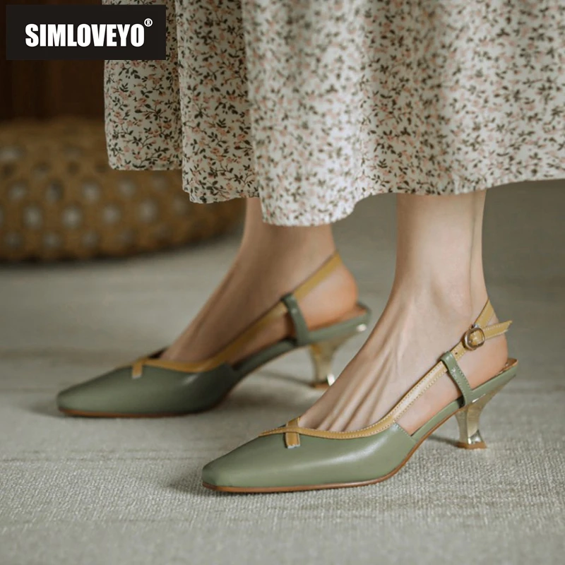 

SIMLOVEYO New 2021 Women Sandals Square Toe 6cm Short Heels Genuine Leather Soft Buckle Vintage Big Size 42 Date A3493