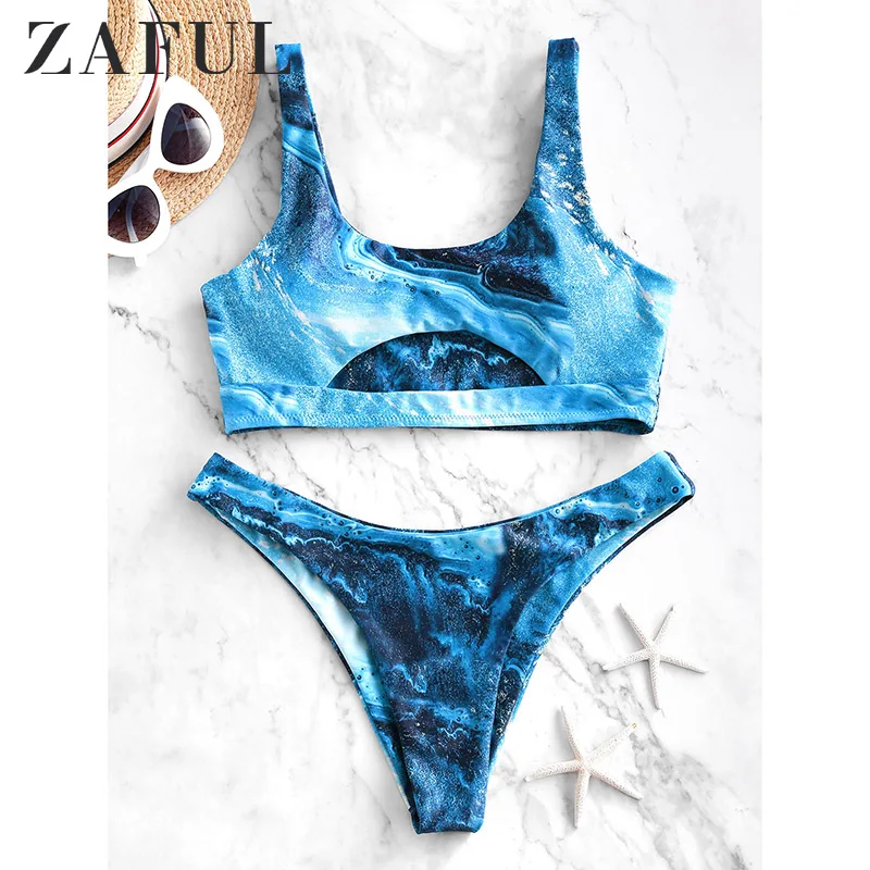 

ZAFUL Cutout Ocean Print High Cut Bikini Swimsuit