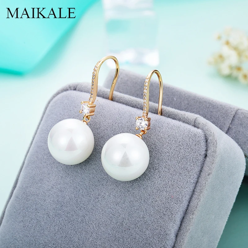 Женские серьги подвески с белым жемчугом MAIKALE сережки золотого цвета золотым