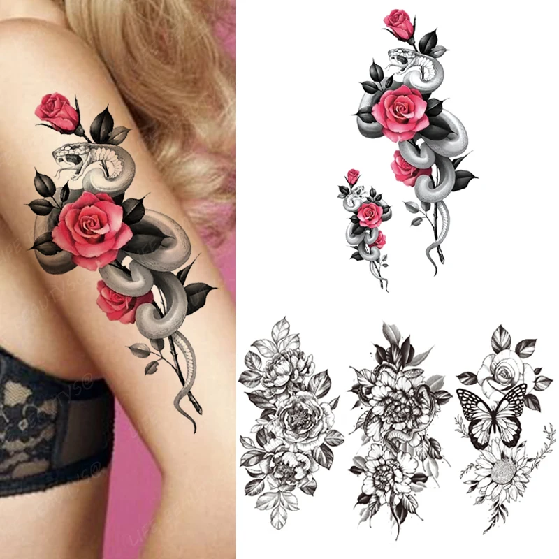 Черные цветы змея Бабочка роза водостойкая временная татуировка боди арт рукав