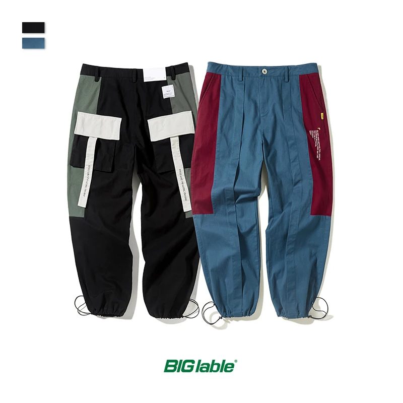 

BIG LABLE Hip Hop Style Men Jogger Pants 2019 Autumn Winter Windbreaker Trousers Men Multiple Pockets Color Stitching 93309W