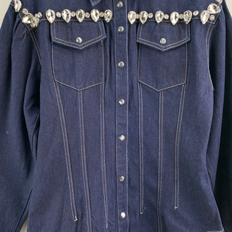 

GALCAUR Patchwork Diamond Women's Denim Coat Lapel Collar Long Sleeve Loose For Female Coat 2021 Streetwear Fashion Tide