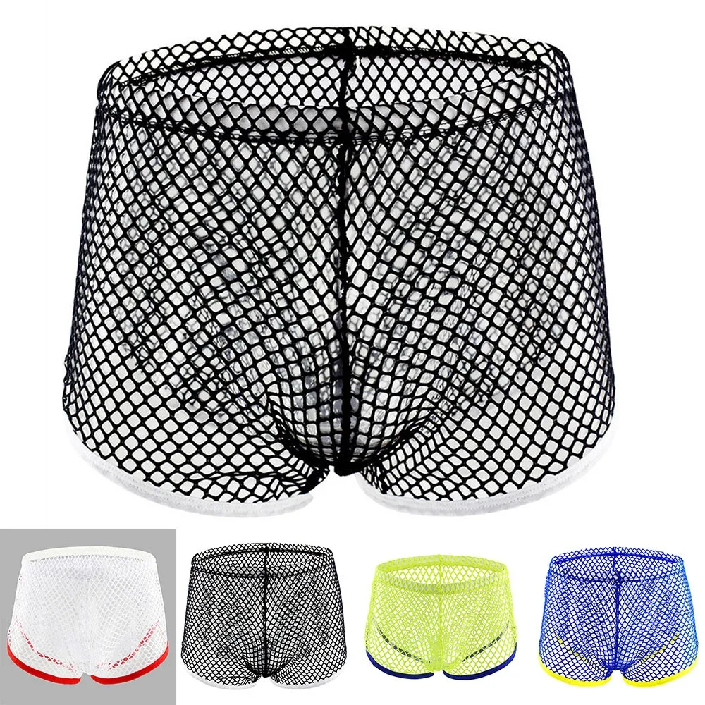 

Hollow Out Boxer Briefs Men Sexy Erotic Lingerie Low Waist Mesh Breathable See Through Gay Underwear Temptation G-String 2021