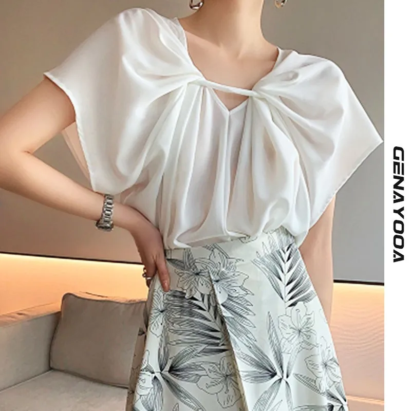 

Genayooa Office Lady Batwing Sleeve Blouse Women Short Sleeve Puff Sleeve Top V Neck Shirt Blusas Summer 2021 Korean Style
