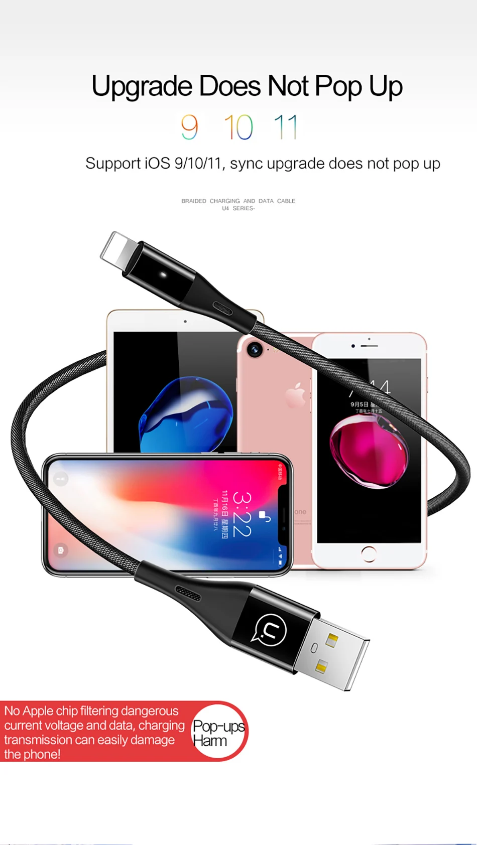 USAMS USB кабель для iPhone Быстрая зарядка для iPhone кабель светодиодный светильник USB кабель синхронизации данных для iPhone X 8 7 6 6S Plus 5 5C 5S SE