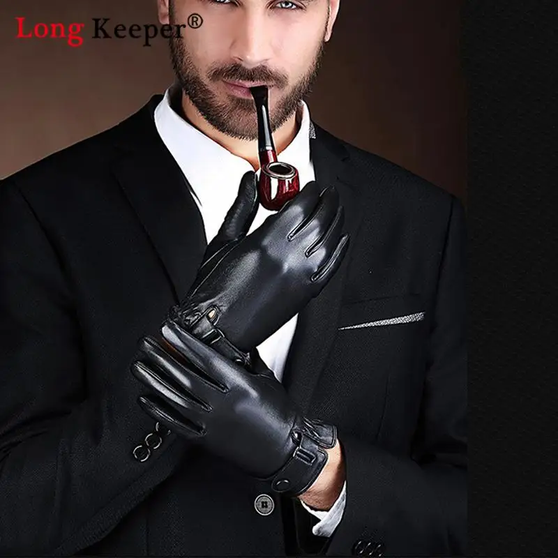 

Cool Men's Driving Gloves Black Winter Mittens Keep Warm Touch Screen Windproof Driving Male Autumn PU Leather Gloves Business