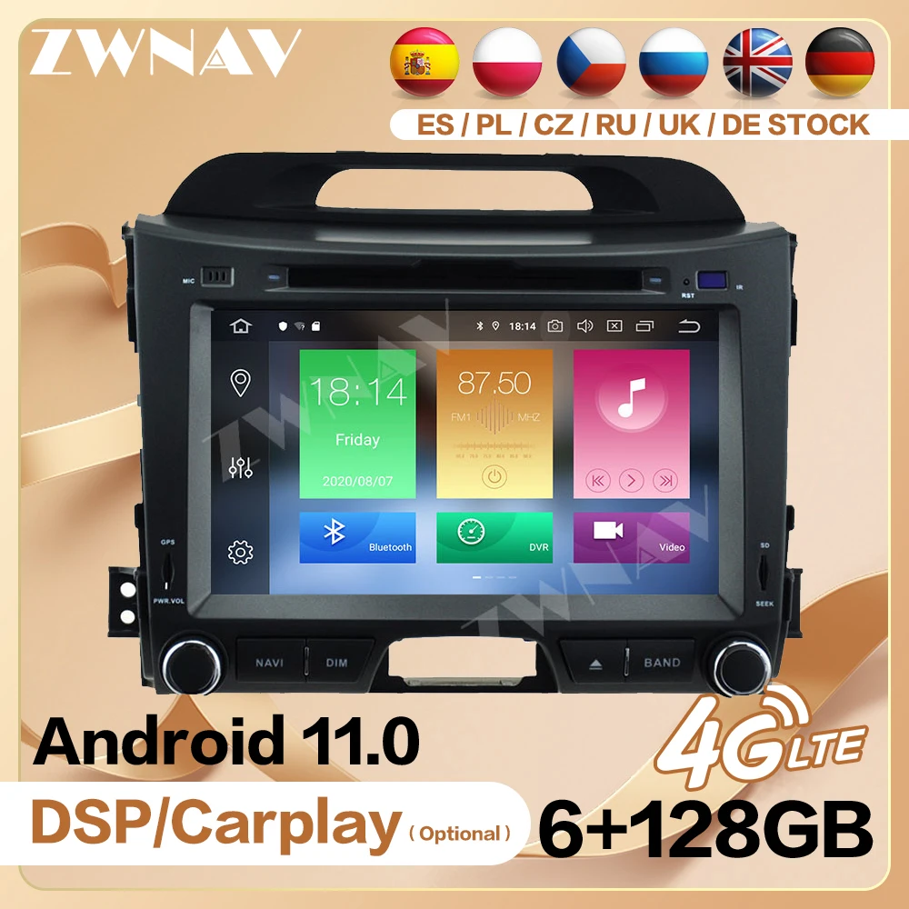 

6+128G Carplay 2 Din Radio Receiver For Kia Sportage 2010 2011 2012-2016 Android Player Video GPS Head Unit Auto Audio Stereo