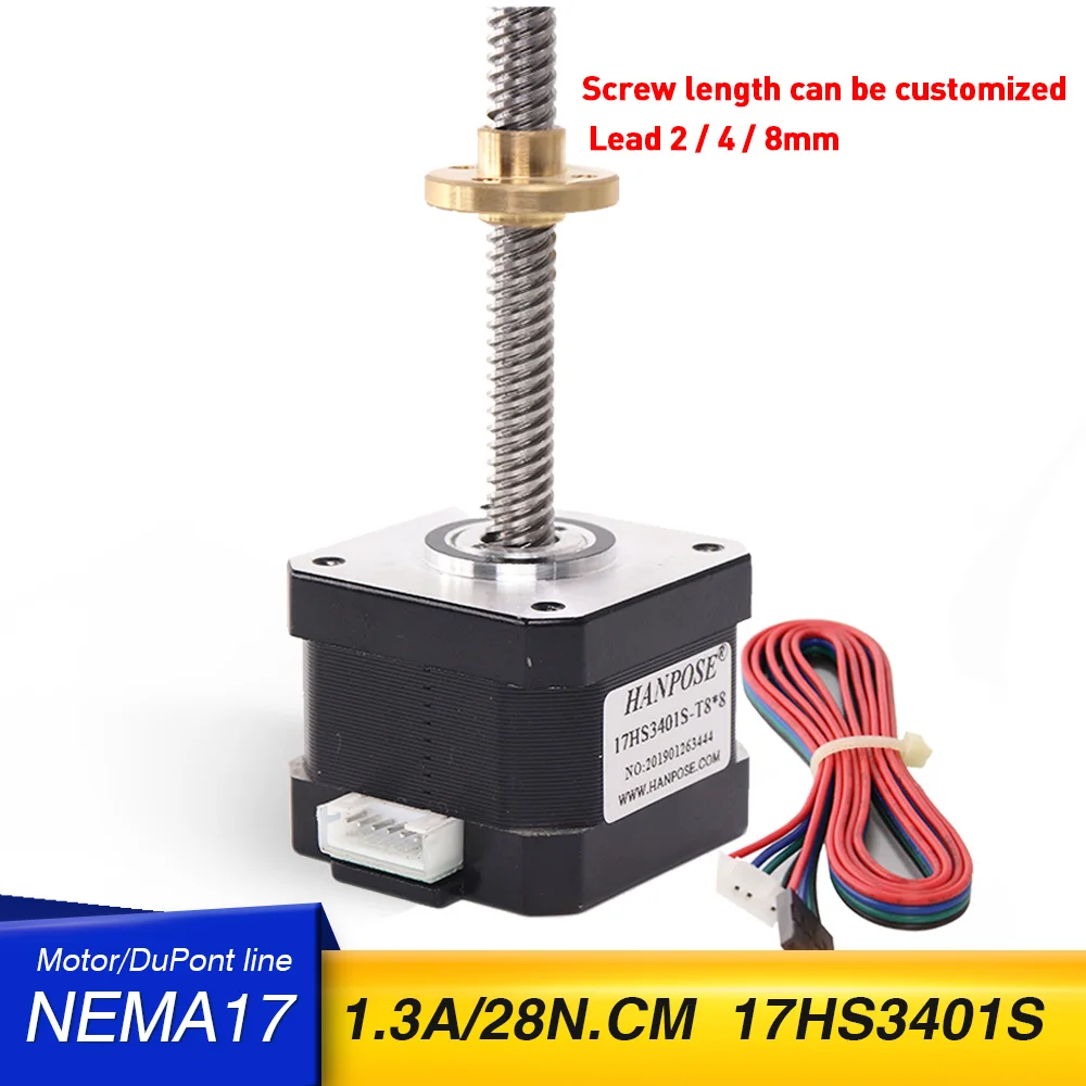 

100pcs nema17 Screw stepper motor 17HS3401S-T8*8 1.3A 28N.CM with Copper nut lead 8mm for 3D printer Z axis long screw