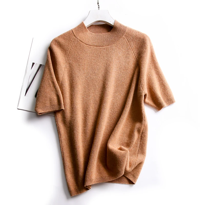 Женская кашемировая Вязаная футболка с коротким рукавом и воротником-стойкой