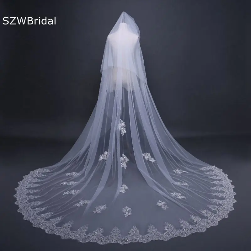 

New Arrival Ivory Cathedral Wedding Veil Two Layers Appliques Lace Bridal veils Voile Slub Velo novia Sexy Weeding accessoire